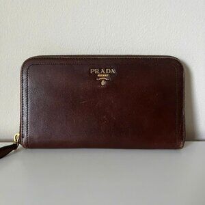PRADA Soft Calf Leather Zip Around Wallet Brown